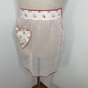 Vintage Farmhouse Half Apron Sheer White Red Pink Floral Heart Pocket Tie Waist